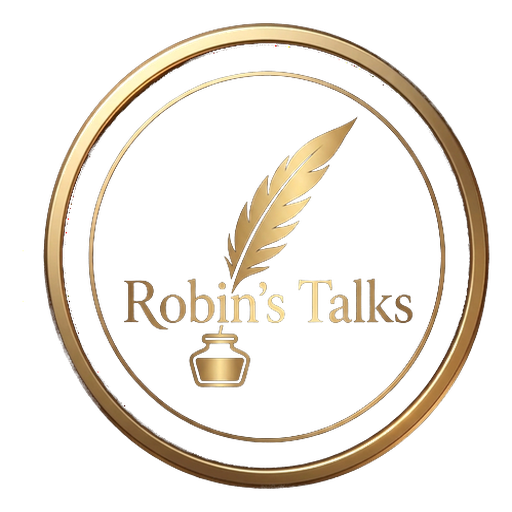 Robin's Talks logo — gold quill and inkwell emblem